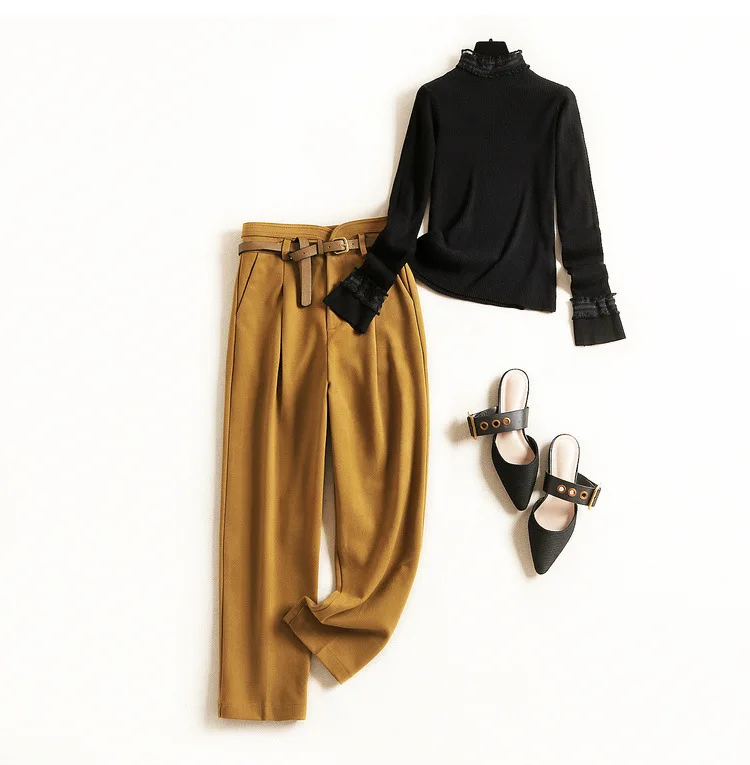 Women winter fashion suede pant suit female black gothic turtleneck sweater top faux suede pencil pants two-piece set khaki