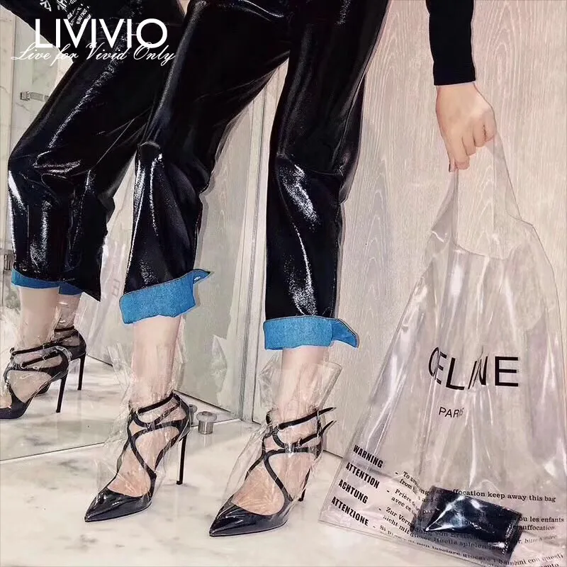 Женские брюки LIVIVIO черные из искусственной кожи с высокой талией повседневные