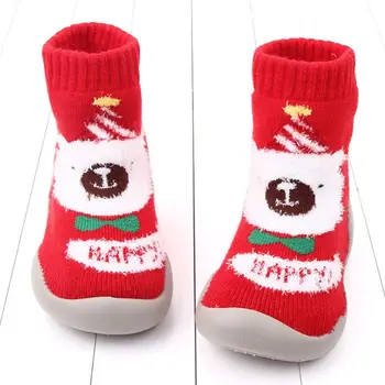 

2019 New Toddler Baby Christmas Knit Non-Skid Socks Winter Warm Cute Santa Rubber Shoes