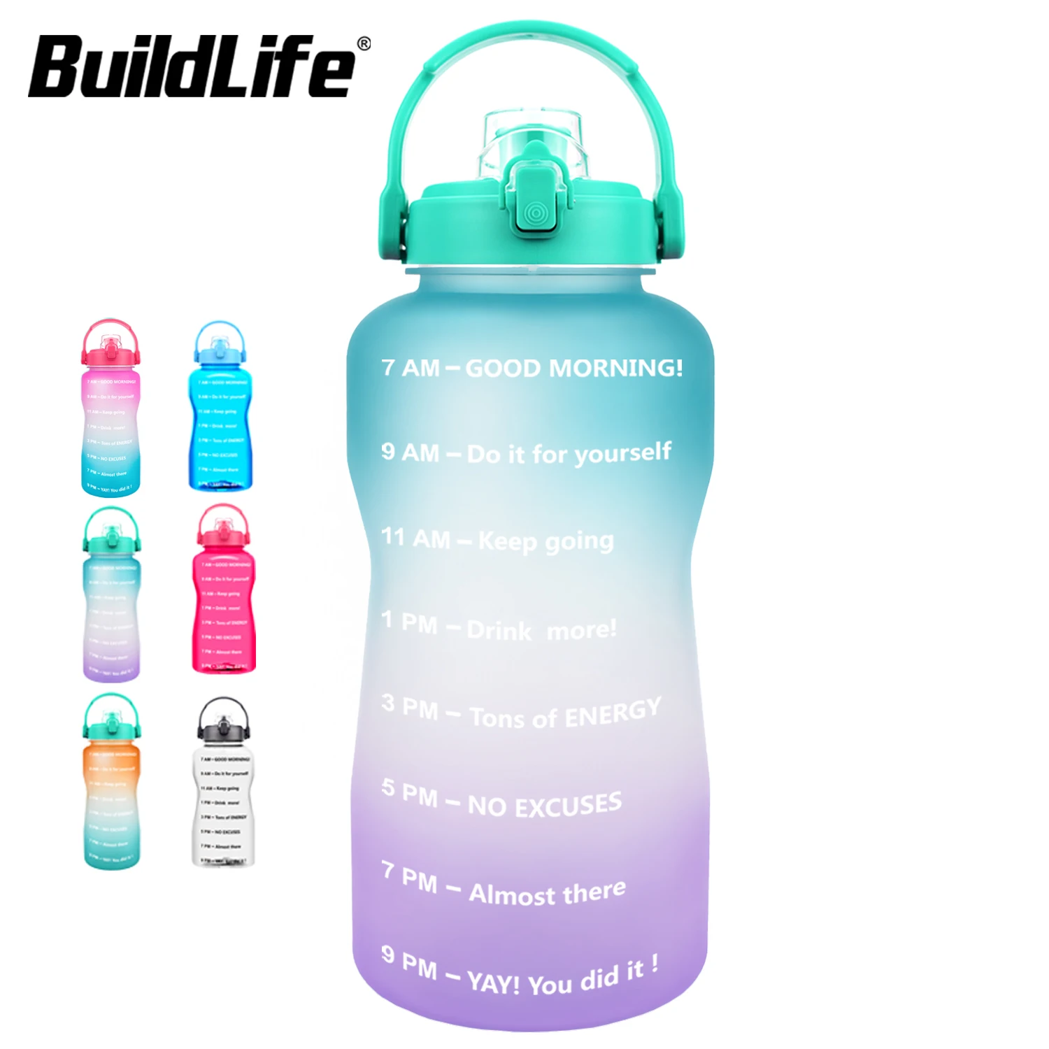 BuildLife-botella de agua de tritán de 2L y 3,8l, chanclas motivacionales, libre de BPA, deportes, Fitness, gimnasio al aire libre, soporte móvil, gira