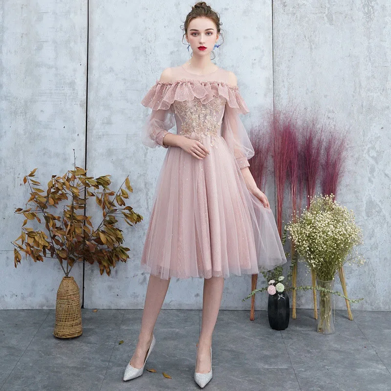 Lantern Sleeve Women Elegant Mesh Evening Party Gown Sexy Off Shoulder Sequins Maxi Dress Pink Qipao Ruffle Cheongsam