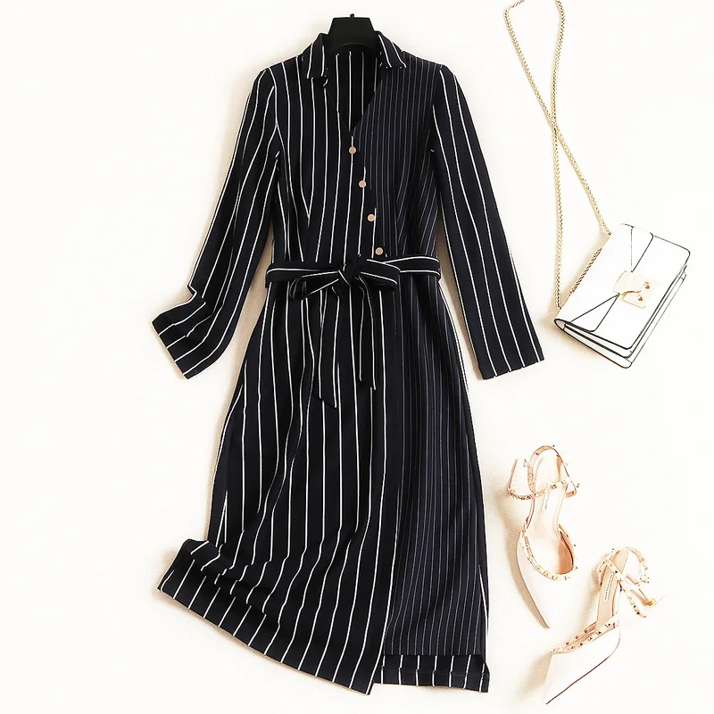 

2019 Europe Plus Size Fashion Autumn Printed Striped Stitching Single-Row Buttons Lacing Sashes Wrist Sleeve Office Women Dress