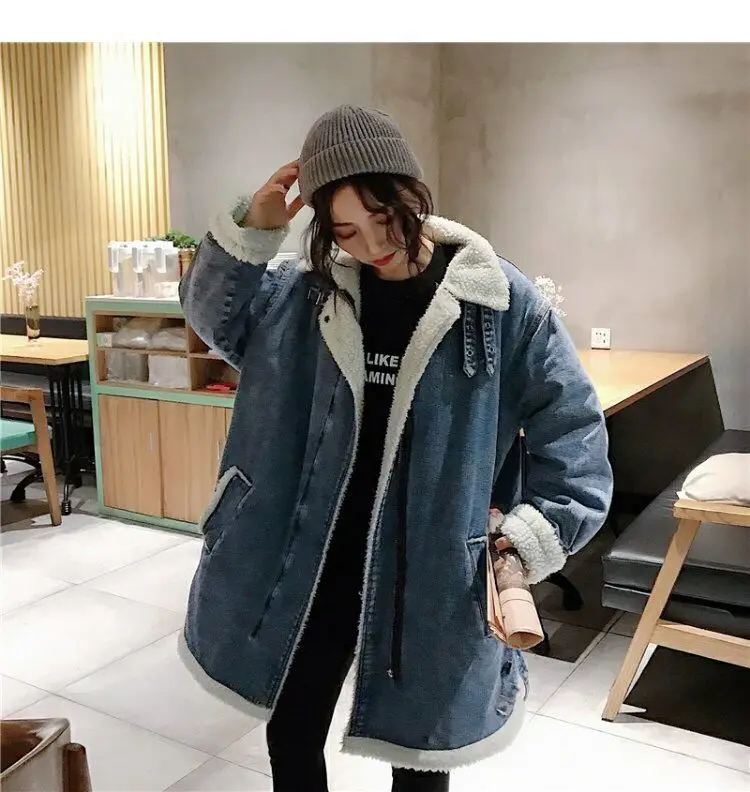Woherb/ джинсовая куртка для женщин теплые зимние длинные плотные джинсовые куртки корейские девушки шерсть подкладка стеганые пальто свободная повседневная верхняя одежда