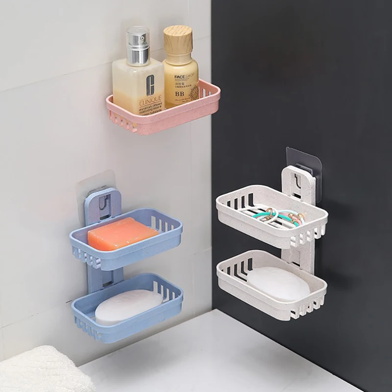 2-Layer Soap Dish Holder Silicone Draining Rack Tray Plate Storage Box Bathroom 