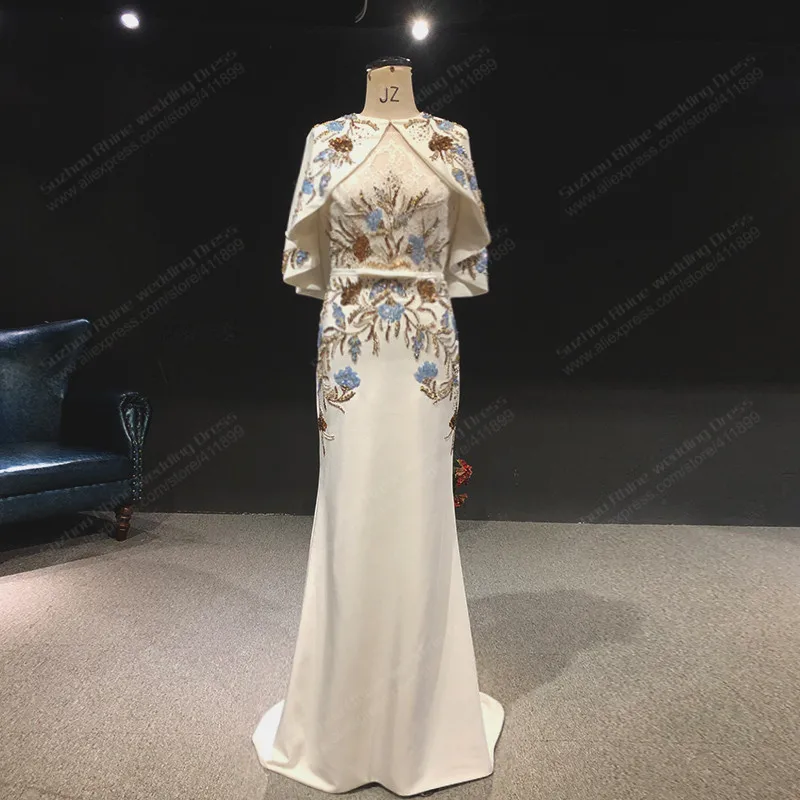 2448 Rhine Real Satin Cape with Dress Two Pieces Mermaid Beads Mother Of The Bride Dress robe de soir&eacute;e de mariage