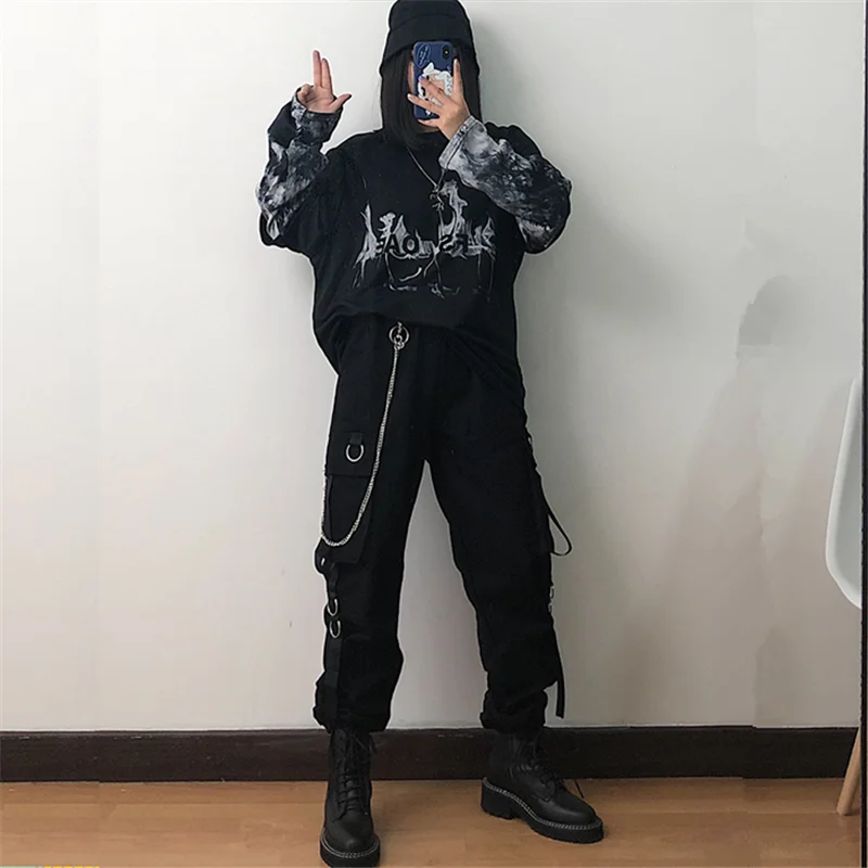 Готика, Харадзюку, брюки, уличная одежда, Женские повседневные шаровары с цепочкой, однотонные черные штаны, крутые модные хип-хоп длинные брюки, Капри