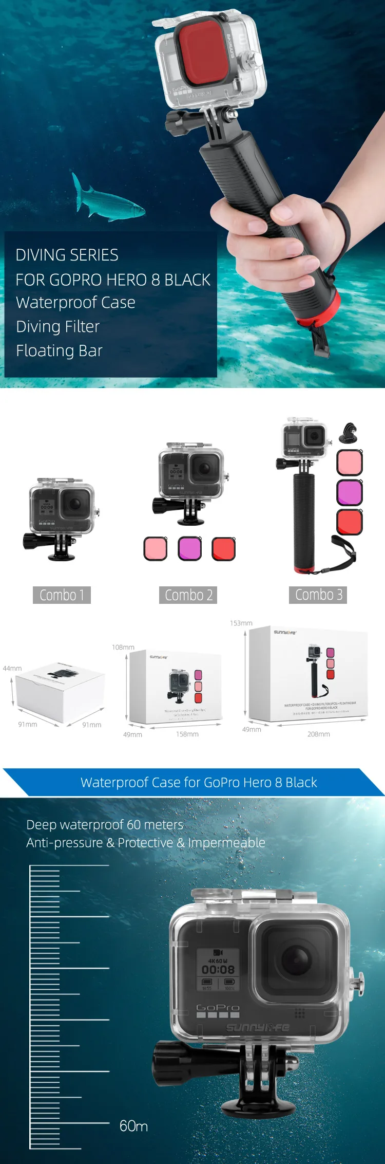 Комплект аксессуаров Go Pro для GoPro Hero 8 включает в себя водонепроницаемый корпус, 3 пакета фильтров для дайвинга и водонепроницаемый плавающий ручной захват