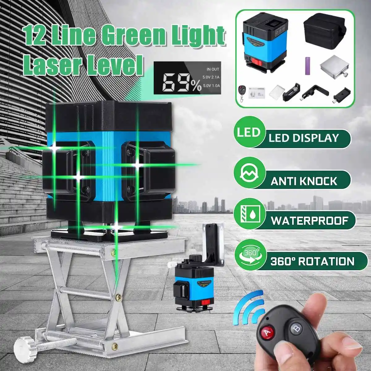 

ZEAST Laser Level 12 Lines 3D Self-Leveling 360 Horizontal And Vertical Cross Super Powerful Green Laser Beam Line