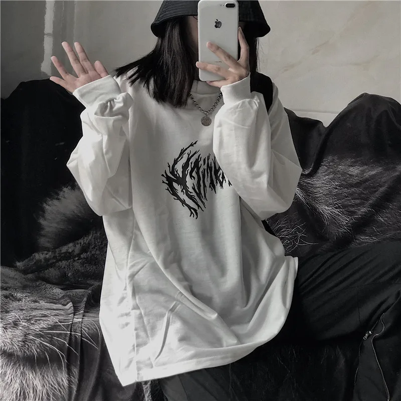 Осень корейский ins Harajuku стиль улица Темный траурный Винтаж Шипы с буквенным принтом свободный свитер с капюшоном WGNVWY55