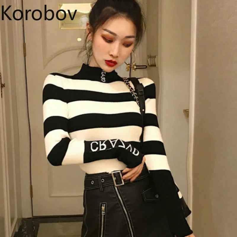 

Korobov Korean Striped Patchwork High Street Sueter Mujer 2019 New Autumn Winter Basic Pullover Turtleneck Knitted Sweater 79067