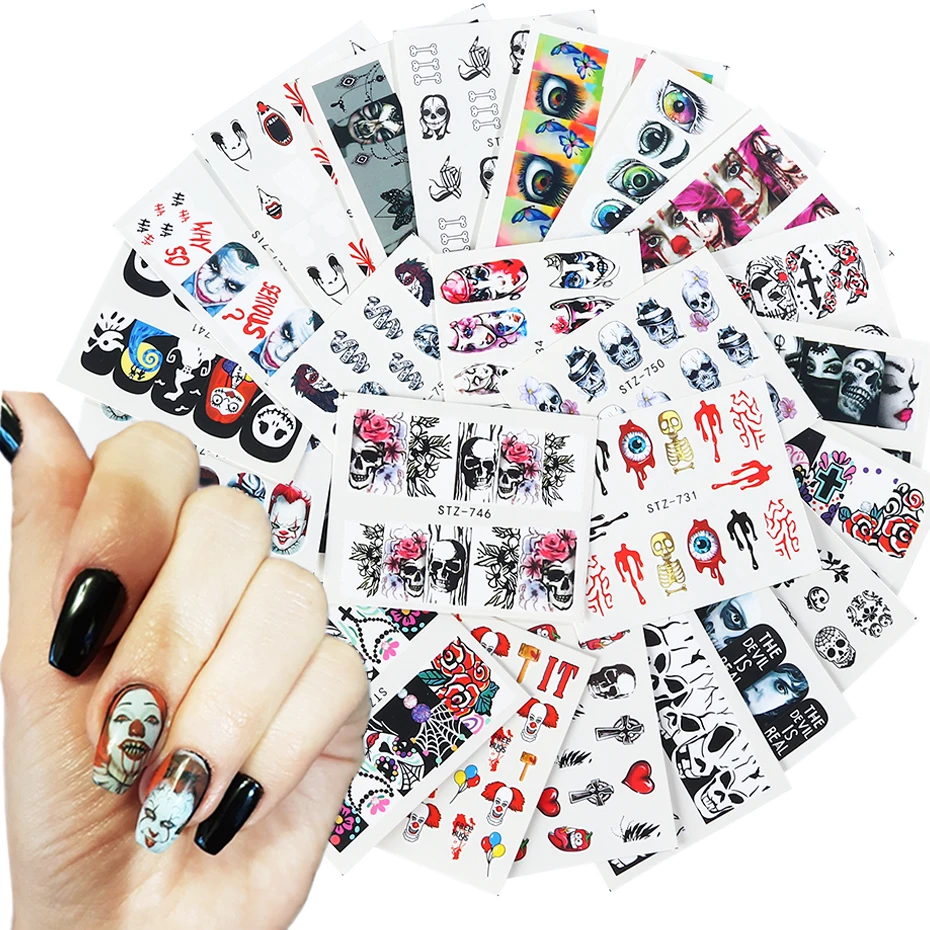 24 шт набор наклеек для ногтей на Хэллоуин, клоун, Череп, клен, переводные наклейки для ногтей, украшения для ногтей, обертывания, слайдер, CHSTZ731-875 для маникюра