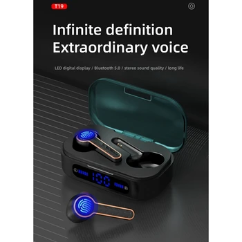 

T19 TWS Bluetooth 5.0 Earphones Wireless Headphone Stereo Sports LED Digital Display Contact Control Headset