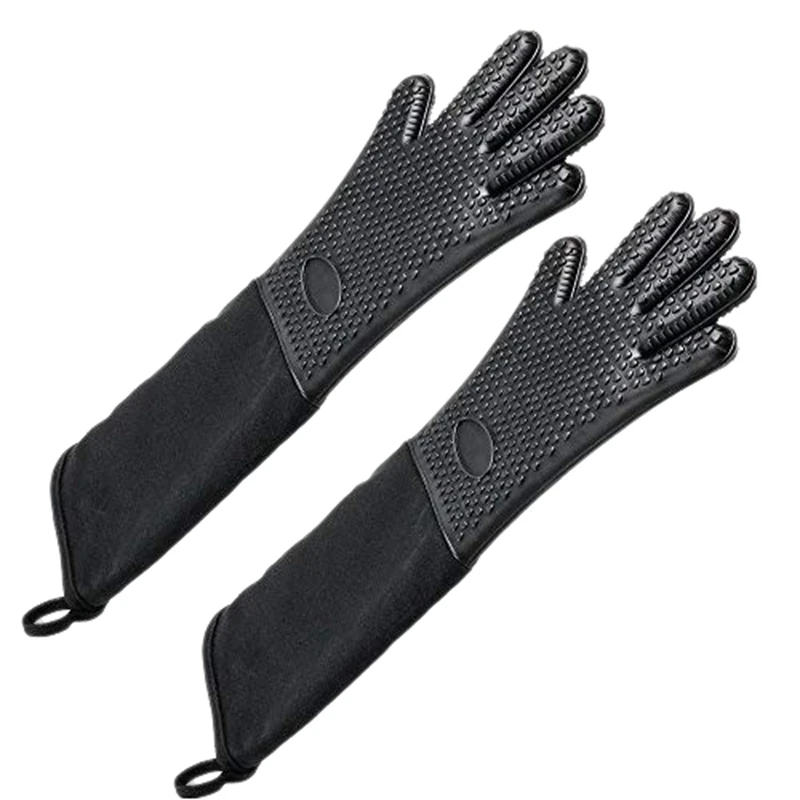 Extra Long Professional Silicone Oven Mitt, Heat Resistant Cooking Glove With Internal Cotton For Kitchen,Bbq,Baking,Grill- B