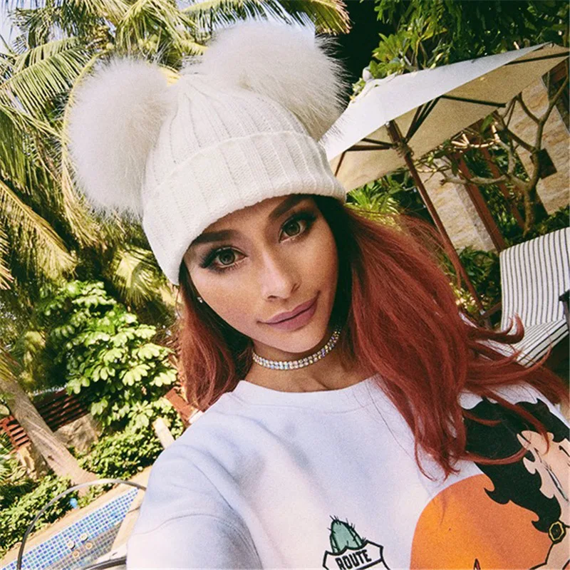 Шапка с меховым помпоном зимние шапки 2 помпонами для женщин шерстяная вязаная