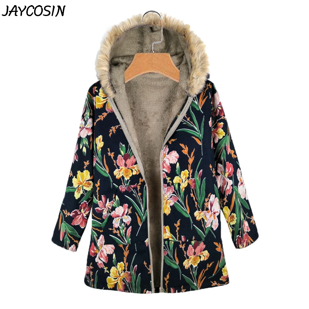 JAYCOSIN, Женская куртка, плюшевое пальто, меховой воротник, куртки с капюшоном, зимняя теплая верхняя одежда, цветочный принт, карман на молнии, винтажное пальто большого размера