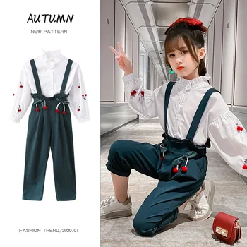 

2pcs Baby Girls Back To School Clothing Fashion White Puff Cherry Blouse+Ruffle Bib Pant Teenage Girls Clothes Children Outfits