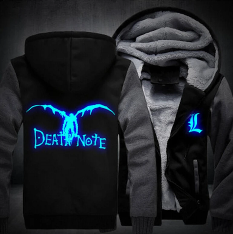 Death Note мужские толстовки с капюшоном с длинным рукавом, мужская куртка на молнии, зимняя теплая уличная светящаяся толстовка с капюшоном унисекс размера плюс