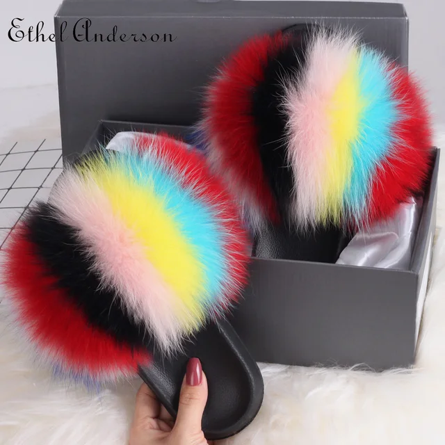 2021 Hot Sale Women Real Fox Fur Slippers Multi-color Summer Fashion Slides Casual Female Furry Shoes As picture