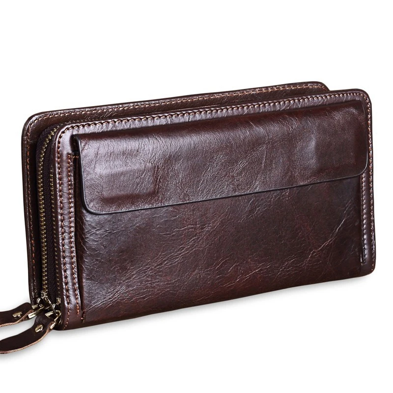 

Promotion--Cowhide Men Clutch Wallets Genuine Leather Long Purses Business Large Capacity Wallet Double Zipper Phone Bag for Mal