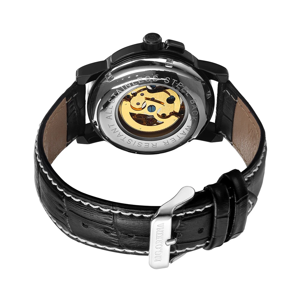 Мужские часы Orkina мужские часы модные автоматические механические часы со скелетом мужские черные кожаные часы мужские наручные часы relogio