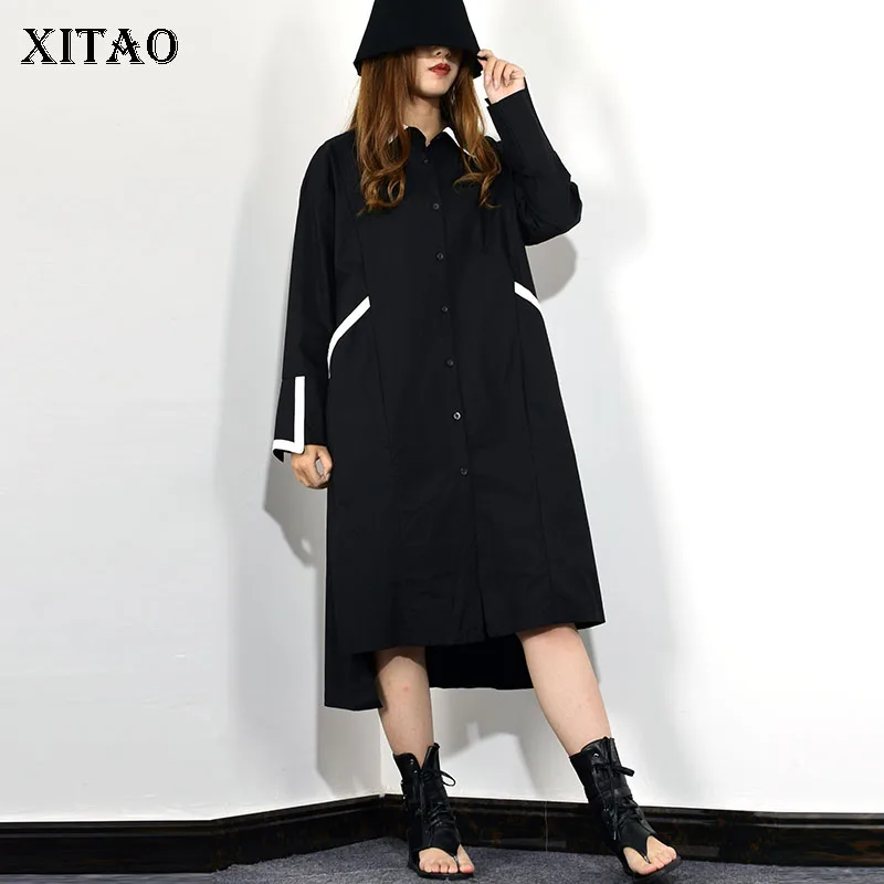 XITAO Elegant Patchwork Irregular Midi Dress Turn Down Collar Single Breasted Long Sleeve Loose Casual Plus Size ZLL3041 | Женская