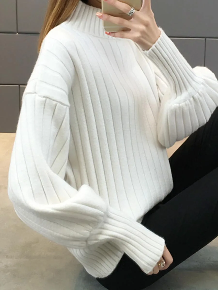 Корейские белые свитера, женские пуловеры, черный осенний зимний вязаный свитер, модный джемпер, шикарный рукав-фонарик, синий трикотаж, топы