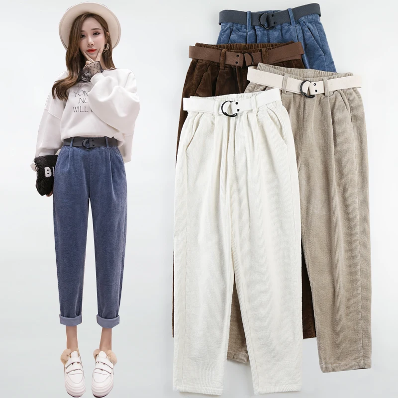 

Women Corduroy Harem Pants Solid High Wait Loose Casual Ankle-Length Pants Autumn New Elastic Waist Korean Trousers with Belt