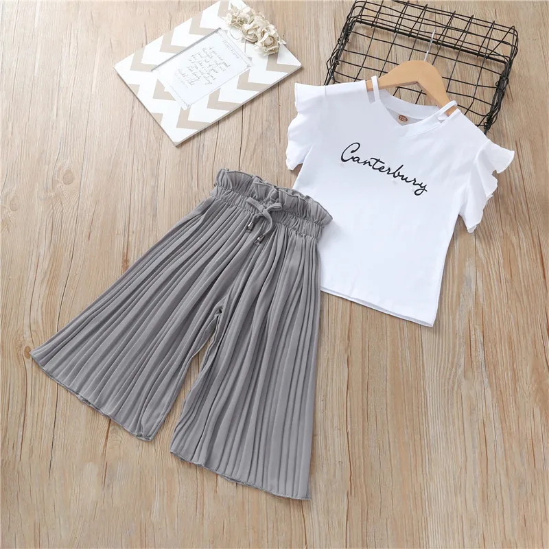 

Girls Printed T-shirt Chiffon Wide Leg Pants Two-piece Suit Kids Boutique Clothing Wholesale Fashion Clothes Girls Clothing Set