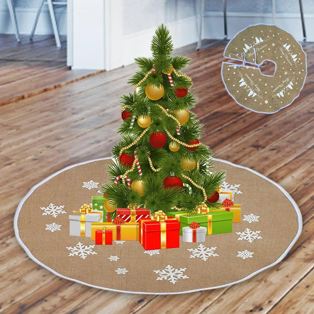 NEW Christmas Tree Skirt Yellow Linen White Snowflake Tree Skirt For Party Christmas Tree Decoration