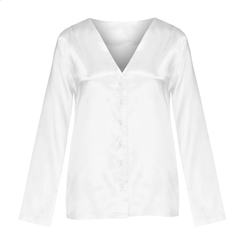 Белая блузка женская с v-образным вырезом Однотонная рубашка с длинными рукавами на пуговицах Офисная Женская шелковая Повседневная Блузка Плюс Размер Blosa Femininas#16