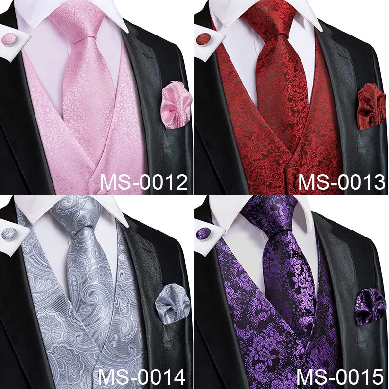Silk Adult Men's Vest for Suit Luxury Paisley Floral Plaid Suit Vest and Tie Set Blue Gold Red Sliver Wedding Men