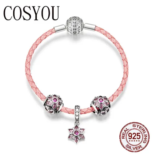 

COSYOU Fashion New 925 Sterling Silver Blooming Peach Flower Pink CZ Clasp Leather Bracelets for Women Silver Jewelry SCB816