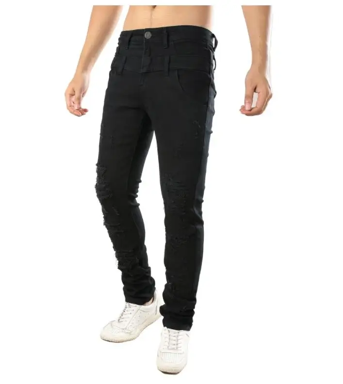 Для мужчин отверстие повседневные джинсы облегающие скини двойной обхват талии дизайнер огорчен рваные стрейч хлопок джинсовые штаны дропшиппинг - Цвет: black