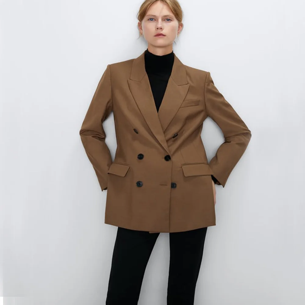 Офисный Женский коричневый пиджак, зимний Европейский двубортный элегантный женский пиджак, модная Осенняя новая женская одежда