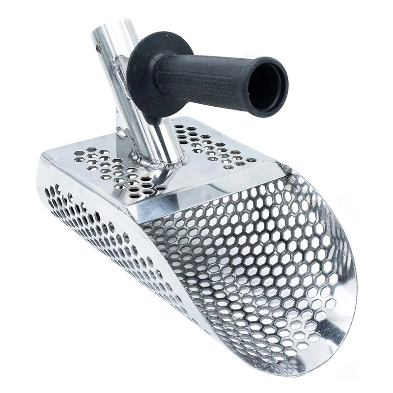 2Pcs Sand Scoop for Metal Detecting, Stainless Steel With Hexahedron 7mm Holes for Beach Treasure Hunting+ Plastic Handle