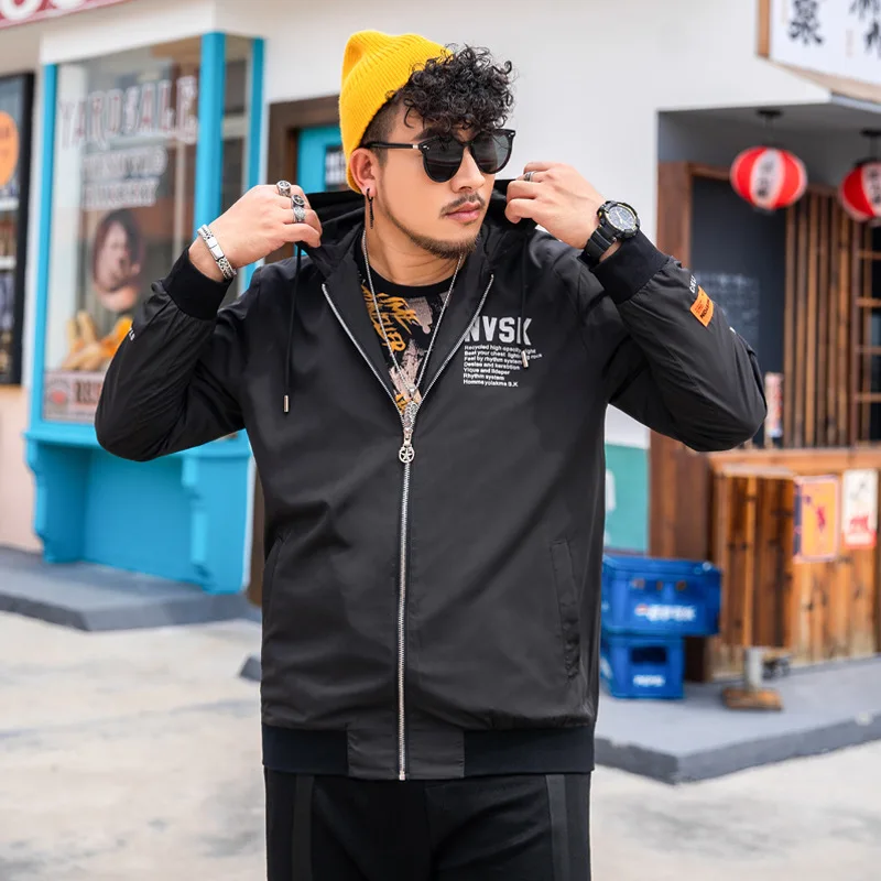 

Big Size Men's Wear Jacket Male Spuer Fat Man Lian Cap Cardigan Plus Fat plus Fat Loose Black Autumn Thin Section Coat