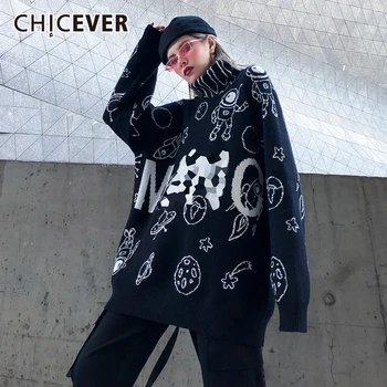 

CHICEVER Letter Print Thick Serater For Women Turtleneck Long Sleeve Oversize Loose Knitted Pullovers Female 2020 Autumn Winter