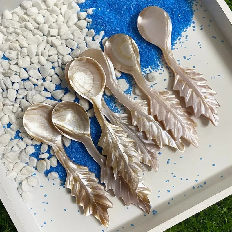 1PC Natural MOP Conch Shell Spoon Leaf Handle Serving Spoon Caviar Condiment Coffee Honey Dessert Spoons Cooking Kitchen Gadgets