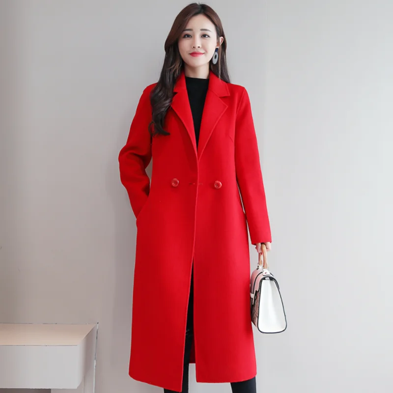 Women Woolen Coat Autumn Winter New Double-breasted Long Sleeve Loose Coats Turn-Down Collar Outwear Plus Size S~3XL