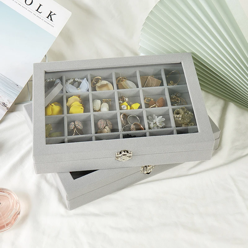 Velvet Gray Carrying Case with Glass Cover Jewelry Ring Display Box Tray Holder Storage Box Organizer Earrings Ring Bracelet