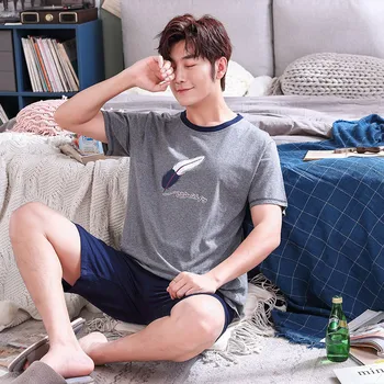 

2020 Summer Short Sleeve Cotton Pajamas Sets for Men Plaid Pants Sleepwear Male Cute Cartoon Homewear Pijama Lounge Home Clothes