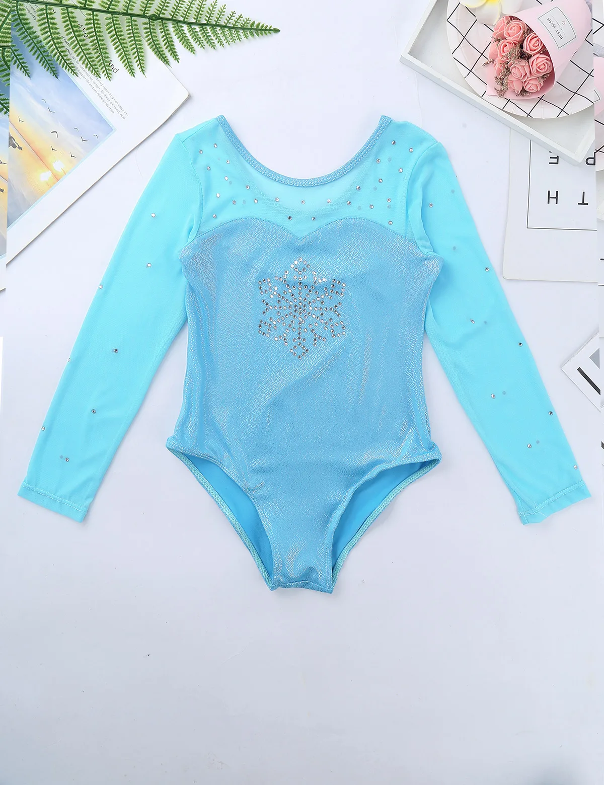 Детский костюм для гимнастики и балета для девочек, стразы, снежинка, тюль, танцевальная одежда, комбинированное гимнастическое трико для балета и танцев, боди