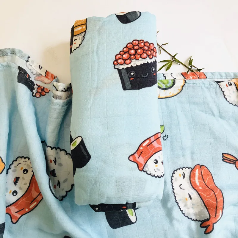 Муслиновое пеленание 120x120, детское одеяло из бамбукового волокна, детское одеяло s, Пеленальное Одеяло для новорожденных, детское одеяло Pielucha, Прямая поставка - Цвет: Blue Sushi