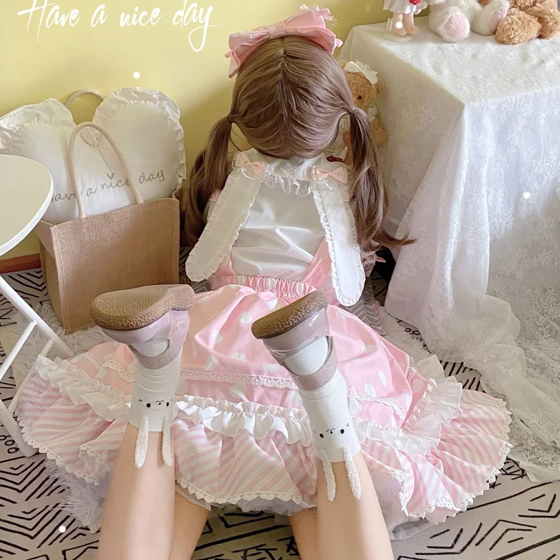 Sweet Jsk Lolita Dress Summer Japanese Bow Dots Ruffle Baby Doll Spaghetti Strap Dresses Women Fashion Kawaii Cute Clothing lolita dress lolita suspender dress lolita cosplay costumes