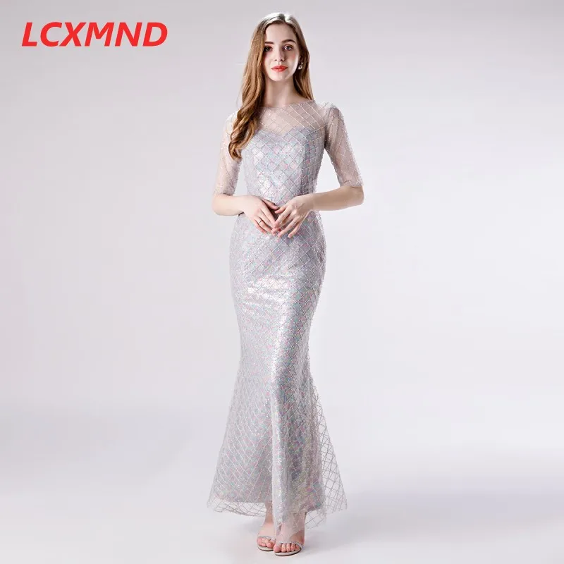 Серый официальный с короткими рукавами Вечерние платья Длинные Vestido de Festa Русалка выпускное платье Robe de Soiree вечерние платья