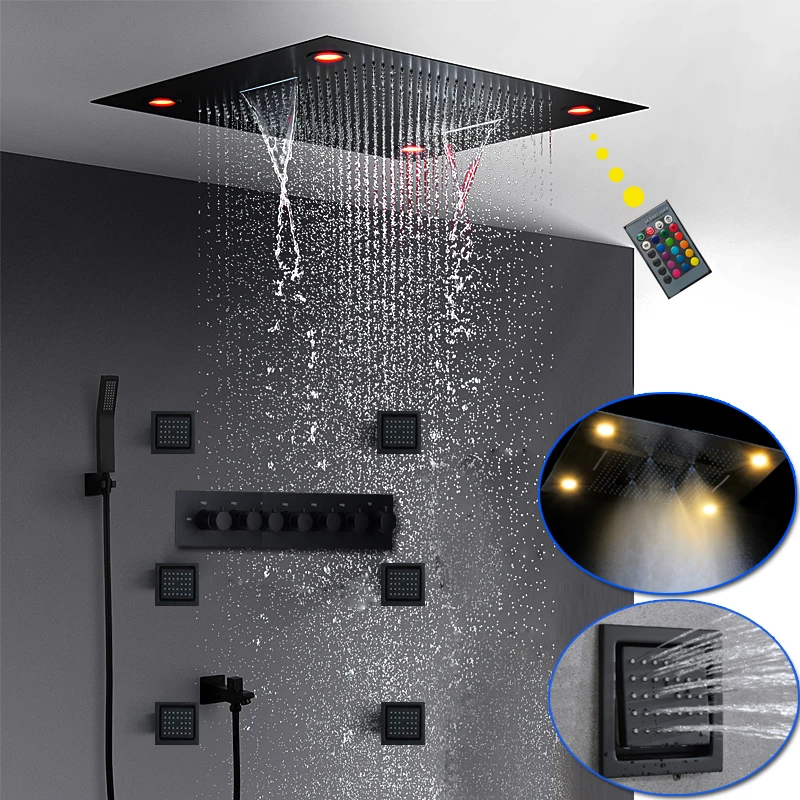 

Most Luxury shower set 24'' by 31'' large ceiliing recessed multifunction shower panel rain waterfall mist led high flow valve