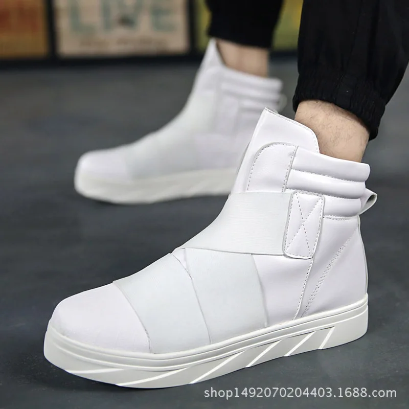 Белый Soft Leather GZ Punk Hip Hop Shoes Men White Solid Dance Platform Flats Fashion Lace Increased Man High Top Zapatillas Hombre - Цвет: Белый