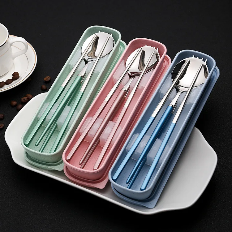 304 Stainless Steel Tableware Set Students Portable Fork Spoon Chopsticks Tableware Portugal Tableware Gift Three-piece Set