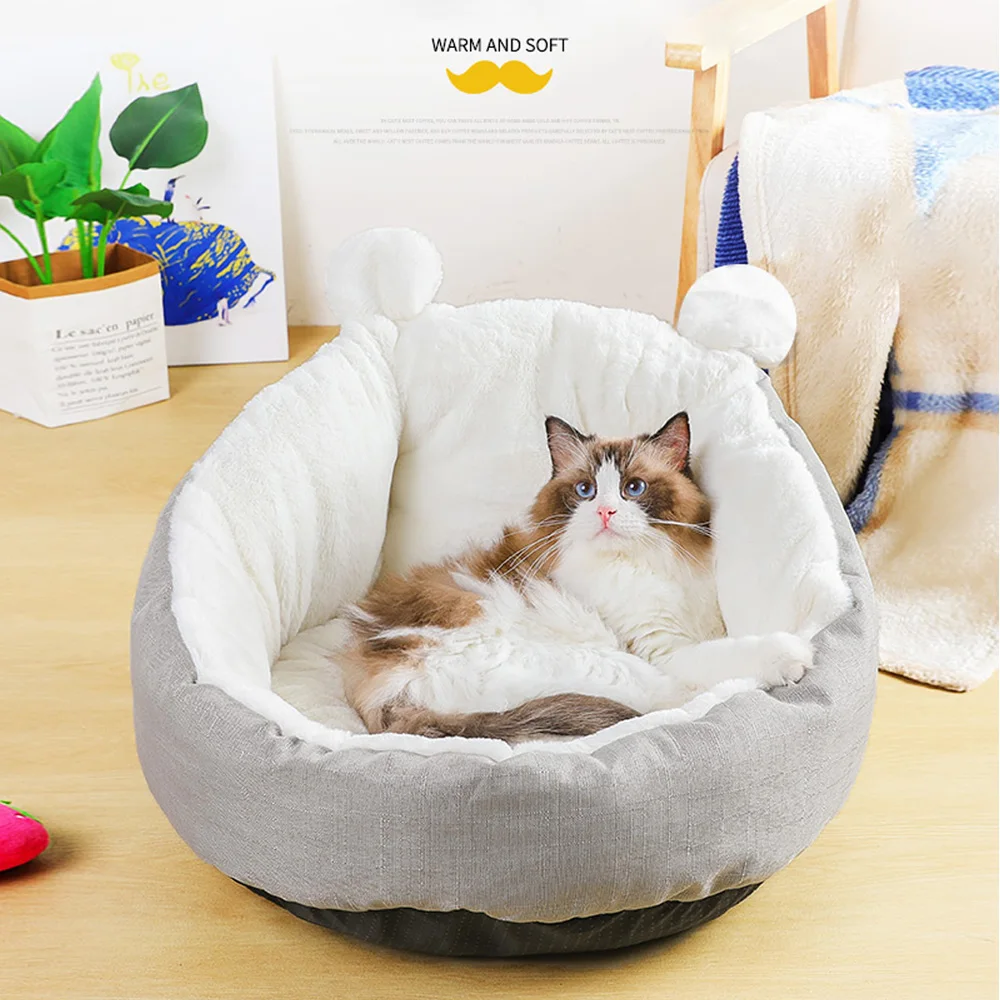 

Round Cat Bed House With Pillow Warm Dog Bed For Small Medium Pets Cute Ear-Shape Cushion Soft Winter House Pet Products