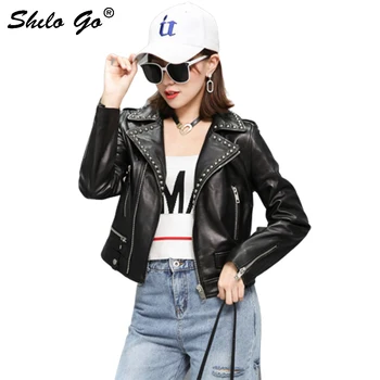 

Genuine Leather Jacket Highstreet Rivets Detail Notched Neck Moto Sheepskin Coat Women Autumn Winter Casual Slim Fit Outwear